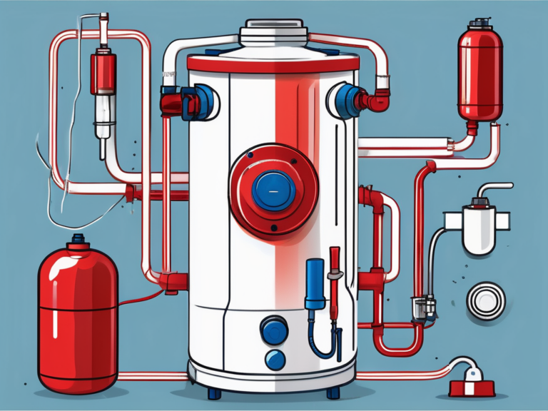 A hot water heater with various tools around it